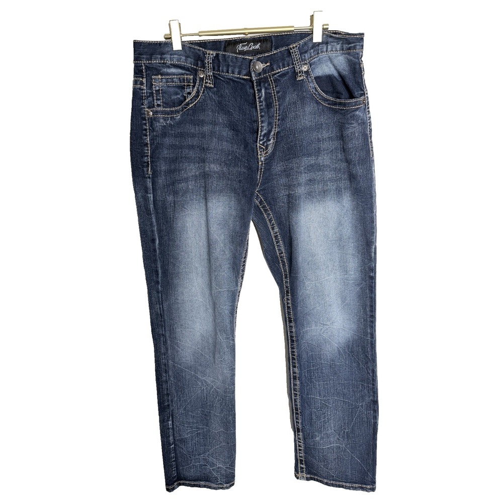 True Luck Denim Jeans Mens 34x32 Blue Straight Dark Wash Stretch Embroidered